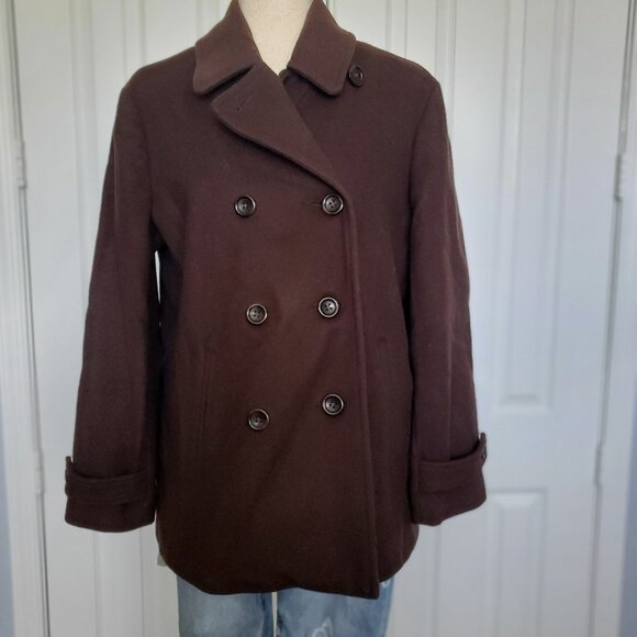 NWOT Lands End Wool Blend Pea Coat Double Breasted 12P Chocolate Brown - Picture 1 of 16